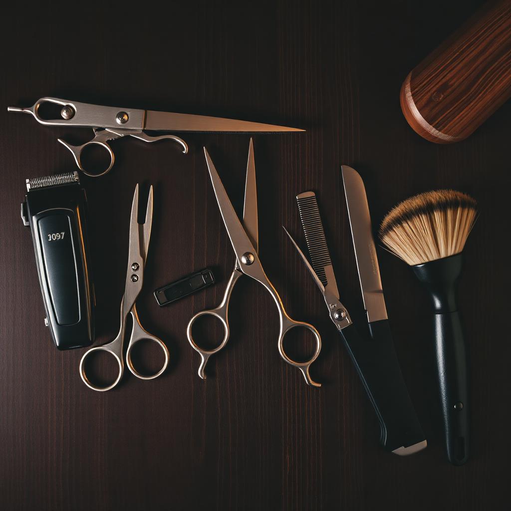 Barber tools laid out on dark wood
